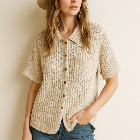 Free People FP Beach Knit Collared Button Down Sweater Shirt Beige Size Medium - Picture 1 of 5